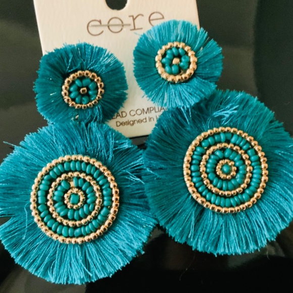 BOHO VIBE TEAL BEADED FRINGE EARRINGS/ ONE PAIR ⭐️ NEW CONDITION/ PIERCED - Picture 6 of 6